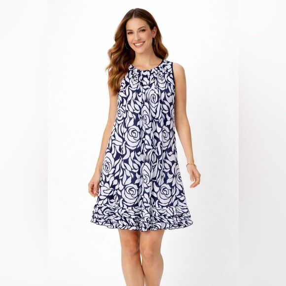 MSK Dresses & Skirts - MSK Navy & White Floral spring Dress Sleeveless Ruffle Hem Size Large NWT
